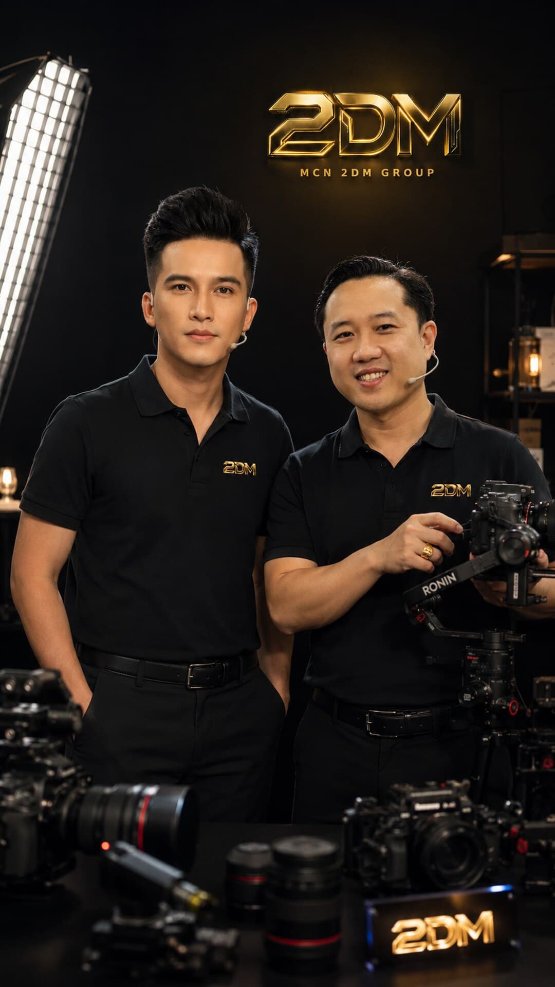 Studio với máy quay và đèn hắt cạnh